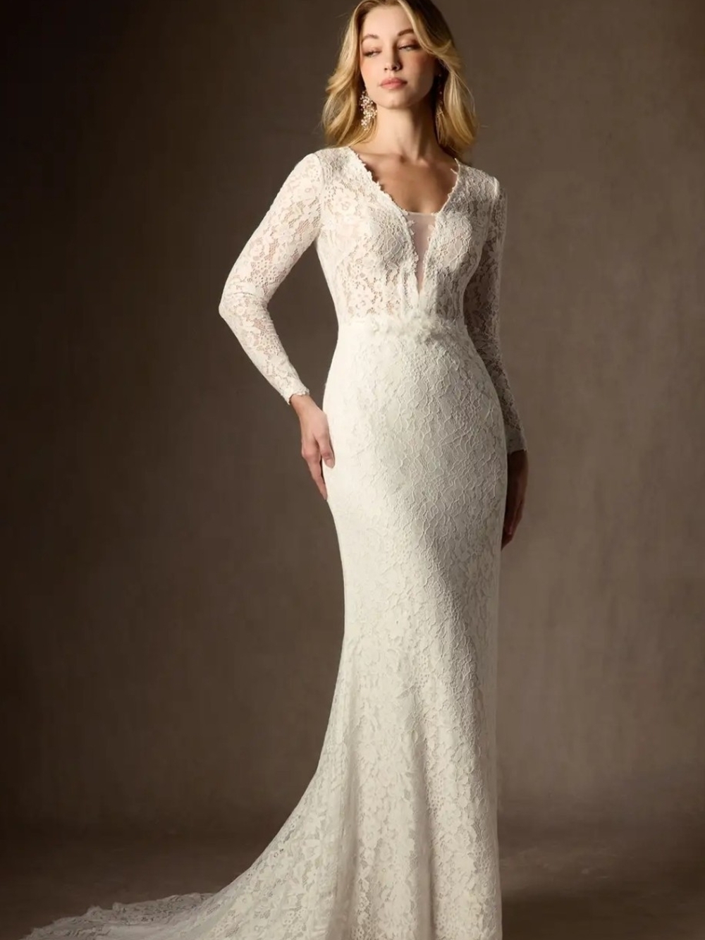 Azazie Indie Ivory Long-Sleeve Lace Mermaid Wedding Gown size 12 nwt